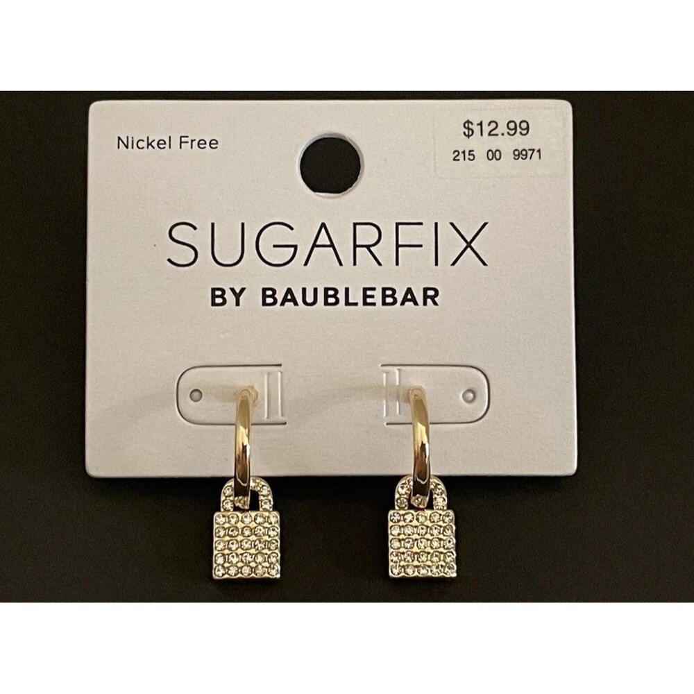 SUGAR FIX Gold Crystral Dangling Lock on Hoops Earrings (Nickel Free) NEW!!!
